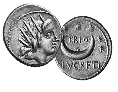 Koin pada masa Romawi yang diterbitkan oleh L. Lucretius Trio pada tahun 74 SM. Di baliknya terdapat gambar bulan sabit dan tujuh bintang yang mengelilinginya. Photo: coinweek.com